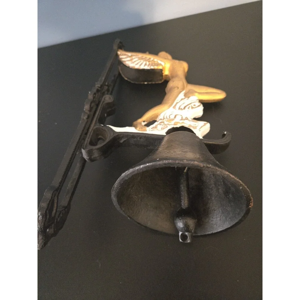 Vintage Cast Iron Bell Winged Fairy Siren Goddess on Waves Clouds Wall Mount‎